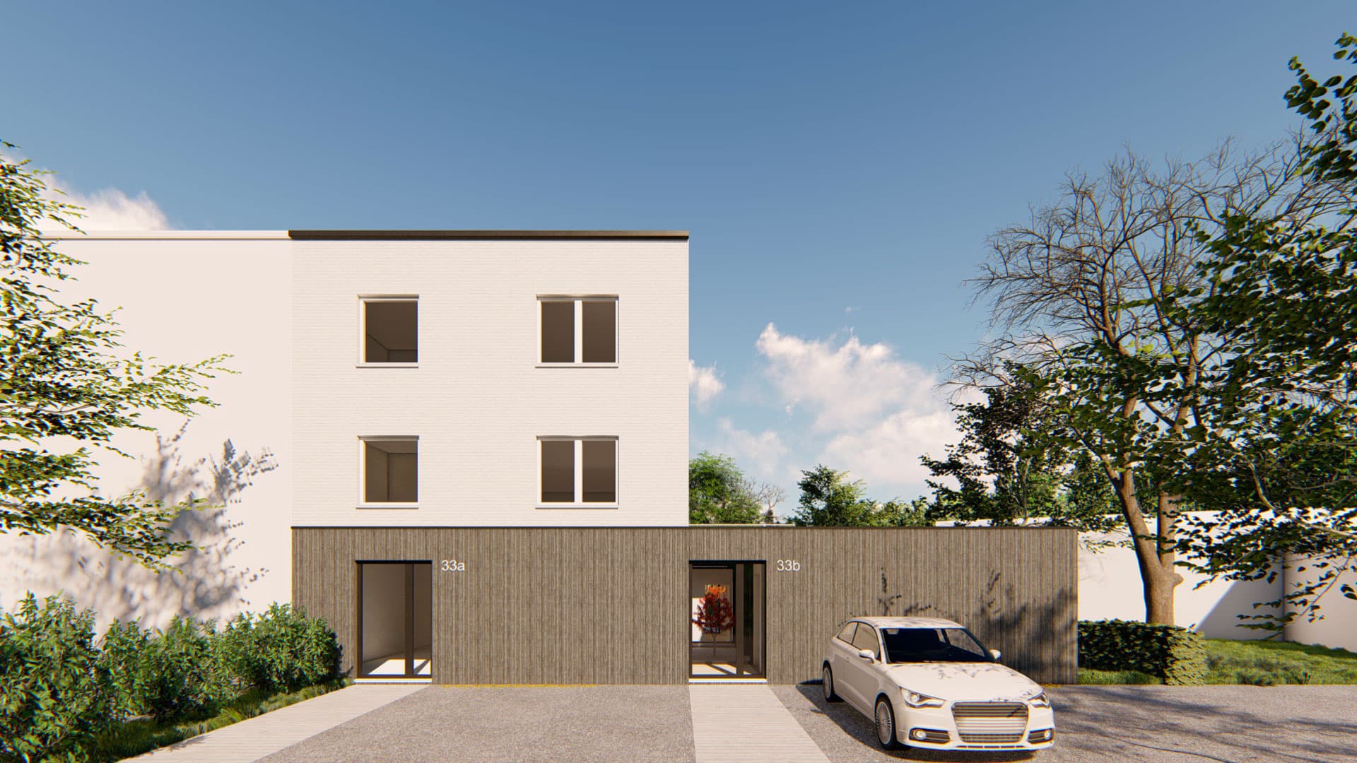Transformation de l'espace de vie au rez-de-chaussée (abaissement de la dalle de sol, ouvertures de baies dans murs porteurs et façade) et extensions arrière et latérale au rez avec toiture plate servant de terrasse.